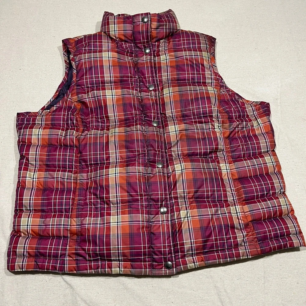 Lands End Women's Plaid Quilted Down (80%) Vest Puffer Gilet Purple Red XL‎ P 18